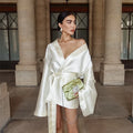 Lace-Up Long Sleeved Dress Spring Sexy Loose Fashion Solid Color Party Evening Gown Satin Minimalism Elegant Woman Short Dress