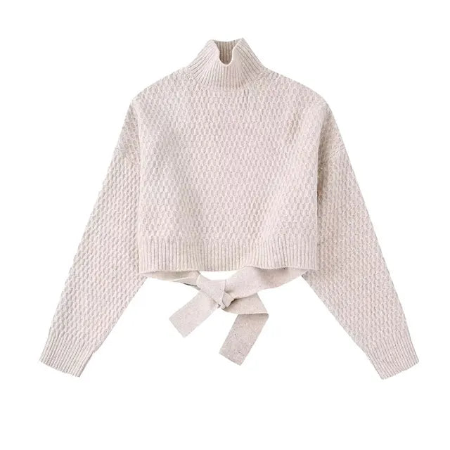 Sexy Backless Lace Up Knitted Sweater Woman Solid Turtleneck Long Sleeve Jumper Pullover  Spring Female Elegant Street Tops