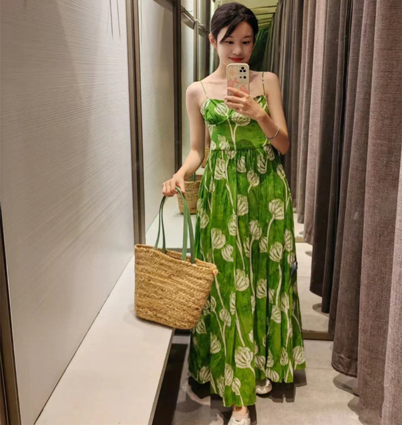 Woman Floral Printed Slip Long Dress Fashion Summer Backless Midi Dress Femel Casual Elegant Dresses