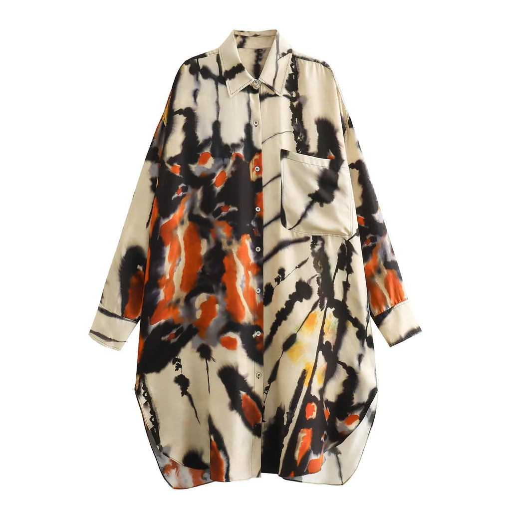 Woman Print Turn Down Collar Fashion Long Blouses Casual Slim Single Breasted Pocket