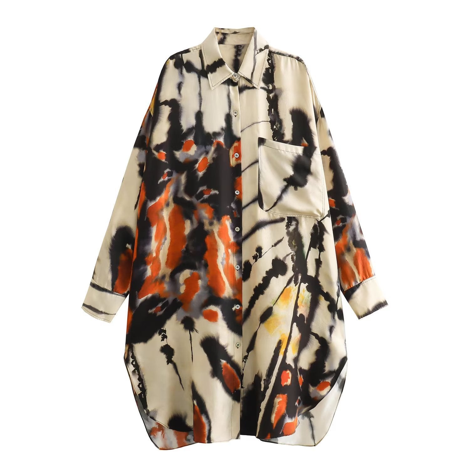 Woman Print Turn Down Collar Fashion Long Blouses Casual Slim Single Breasted Pocket