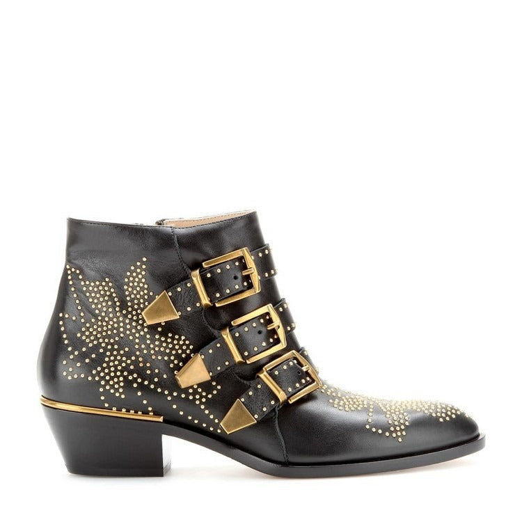 Studded Snake Skin Ankle Boots For Woman Buckle Strap Genuine Leather Chunky Heel Martin Boots Women Luxury