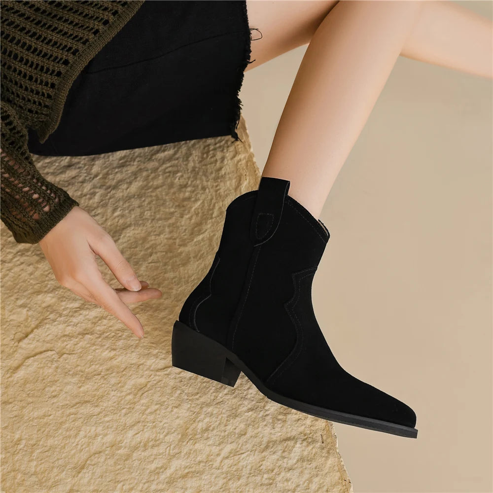 Vintage Thick Heels Women Ankle Boots Cow Suede Leather Retro Style Casual Office Lady Shoes Woman Autumn Winter Basic