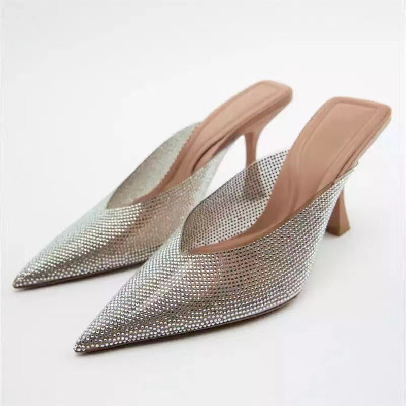 Clear Mules High heel Woman Transparent Rhinestone Heels Slingback Shoes High-heeled Sandals