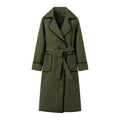 Woman Fashion Woolen Coat Casual Slim Turn Down Collar With Belt Double Pockets Trench