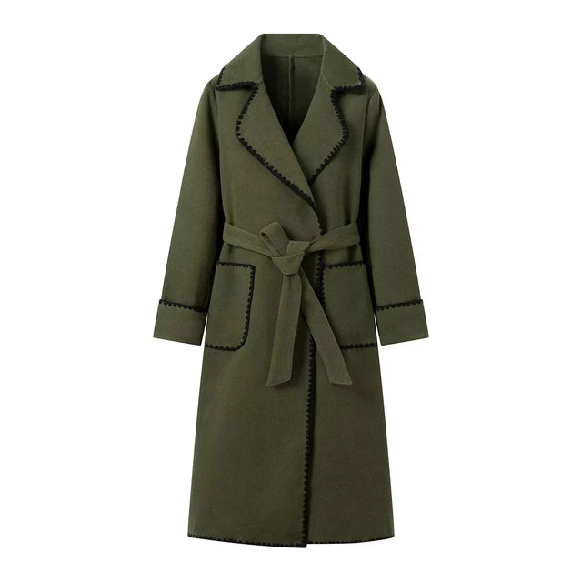 Woman Fashion Woolen Coat Casual Slim Turn Down Collar With Belt Double Pockets Trench