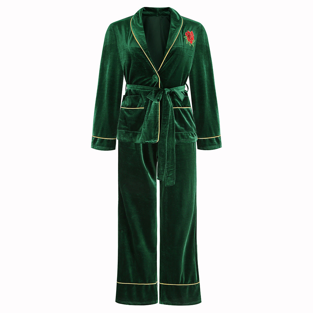 Korean Velvet Rose Embroidered Gold Pocket Home Suit Blouse Trousers Pajamas Woman