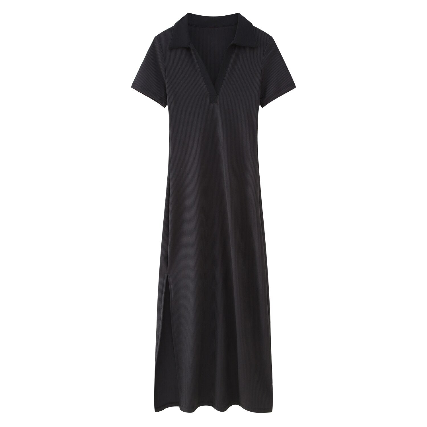 Women Fashion Rib Slim Fit Dress Woman Casual Versatile Polo Neck Short Sleeve Side Split Female Midi Dresses