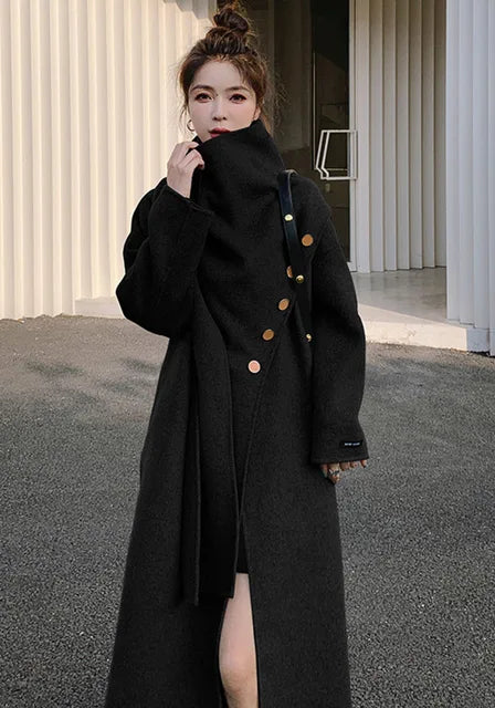 Scarf Collar Woman Cashmere Coat Thick Cardigan Single Breasted Full Sleeve Solid Color Vintage Style New
