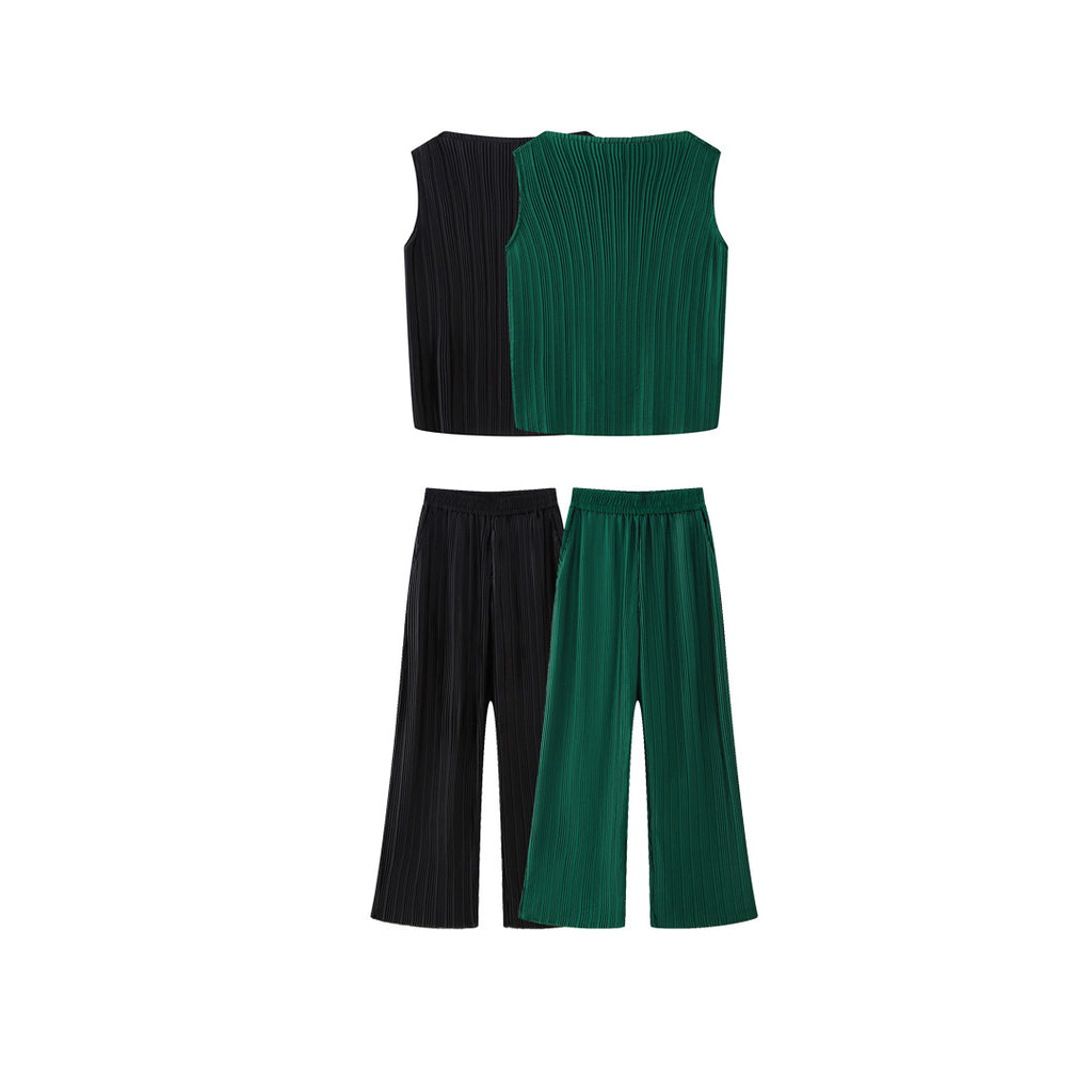 Autumn Sets For Women Fashion Round Neck Short Tank Top + Elastic Waist Woman High Street Women's Wide Leg Pants
