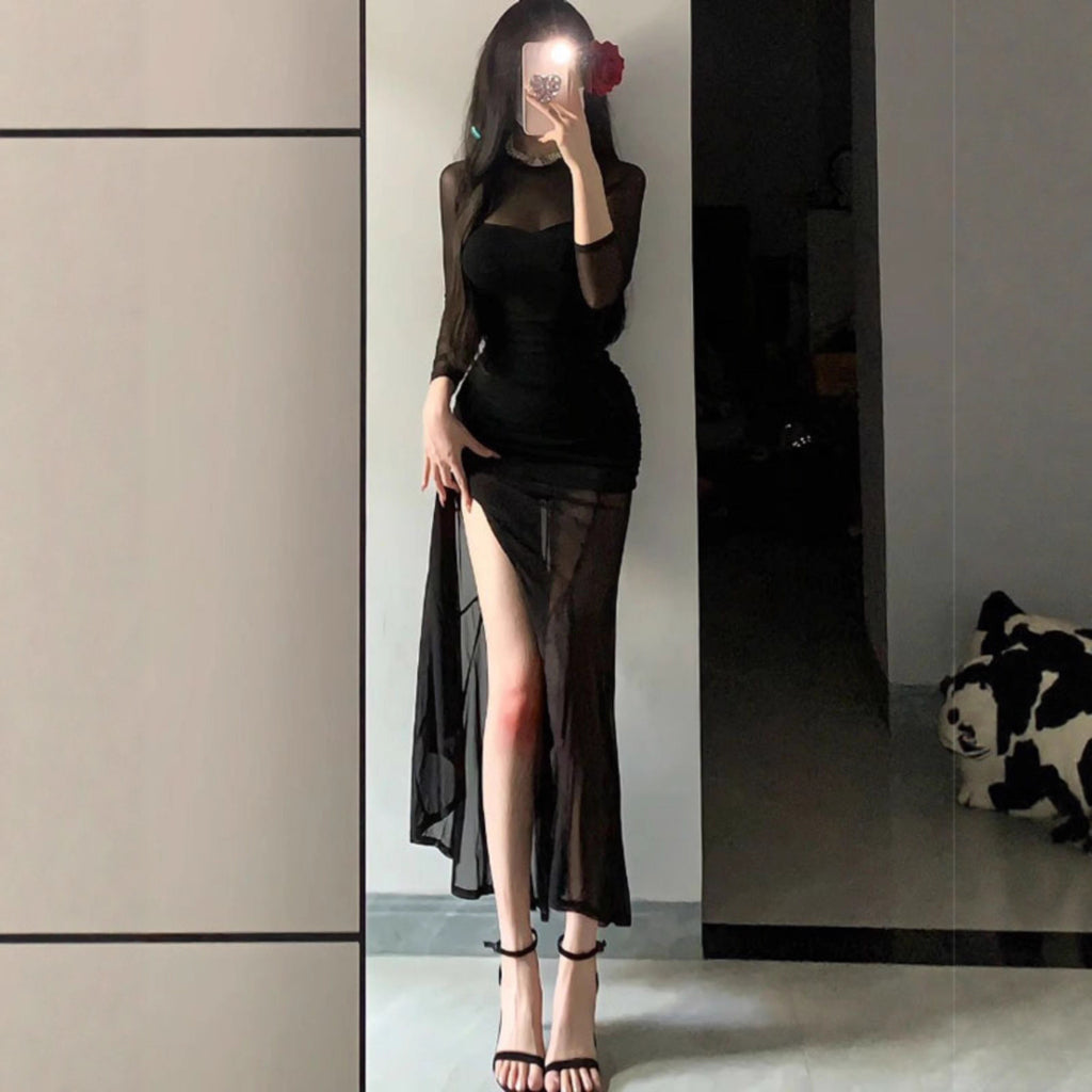 Chic Elegant Woman Style Fish Tail Long Dress for Women, Sexy Mesh Spliced Dress