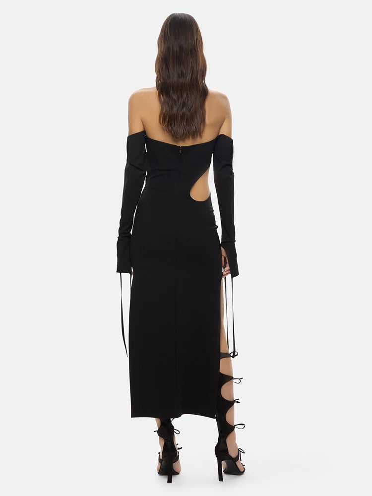 Black Midi Dress Woman Sexy Hollow Out Design Long Sleeve Stretch Bandage Dresses Fashion Casual Wear  Autumn Winter New