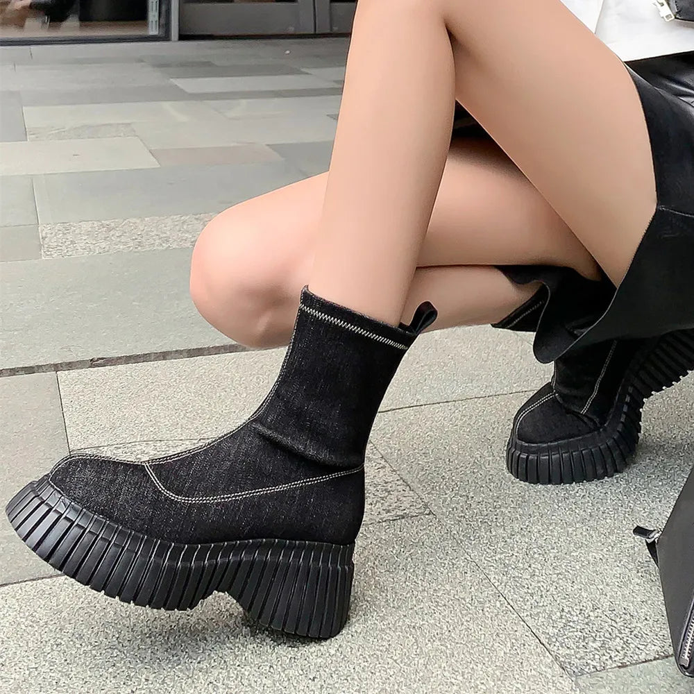 Fashion Platforms Women Stretch Short Boots  Autumn Winter Genuine Leather Casual Ankle Boots Round Toe Shoes Woman