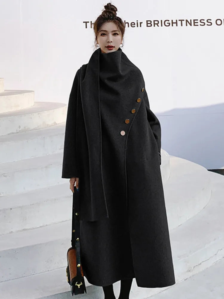 Scarf Collar Woman Cashmere Coat Thick Cardigan Single Breasted Full Sleeve Solid Color Vintage Style New